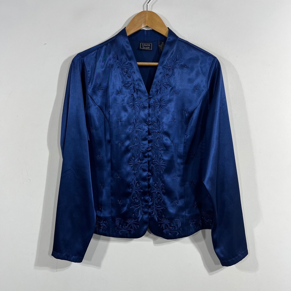 Laura Scott VTG Victorian Regency Royal Blue Satin Embroidered Top Size 12 Boho